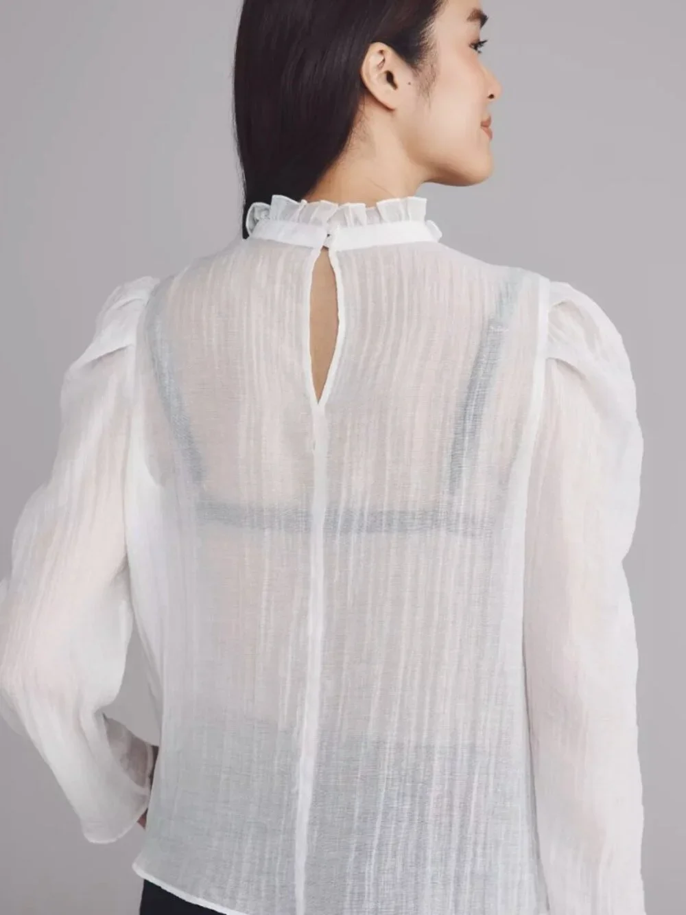 Maeve Anthropologie Sheer Mock Neck Long Sleeve Gauze Blouse Large Puff Romantic